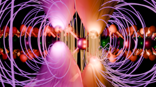 Monowarstwa stopu dichalkogenku metalu przejściowego MoWSesub2/sub wraz z dolinami Ksup+/sup i Ksup-/sup . Fioletowymi liniami zaznaczono zewnętrzne pole magnetyczne, którego przyłożenie prowadzi do rozszczepienia energii stanów ekscytonowych w wyniku efektu Zeemana. Zjawisko to przedstawiono jako różne odległości pomiędzy pasmem walencyjnym i pasmem przewodnictwa w obu dolinach. (źródło Grzegorz Krasucki Wydział Fizyki UW).