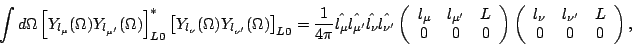 \begin{displaymath}
\int d\Omega \left[ Y_{l_\mu}(\Omega)
Y_{l_{\mu^\prime}}(\O...
...cc}l_\nu & l_{\nu^\prime} & L \\ 0 & 0 &
0\end{array}\right) ,
\end{displaymath}