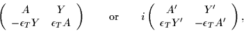 \begin{displaymath}
\left(\begin{array}{cc}
A & Y \\
-\epsilon_T Y & \epsilo...
...& Y' \\
\epsilon_T Y' & -\epsilon_T A'
\end{array} \right),
\end{displaymath}